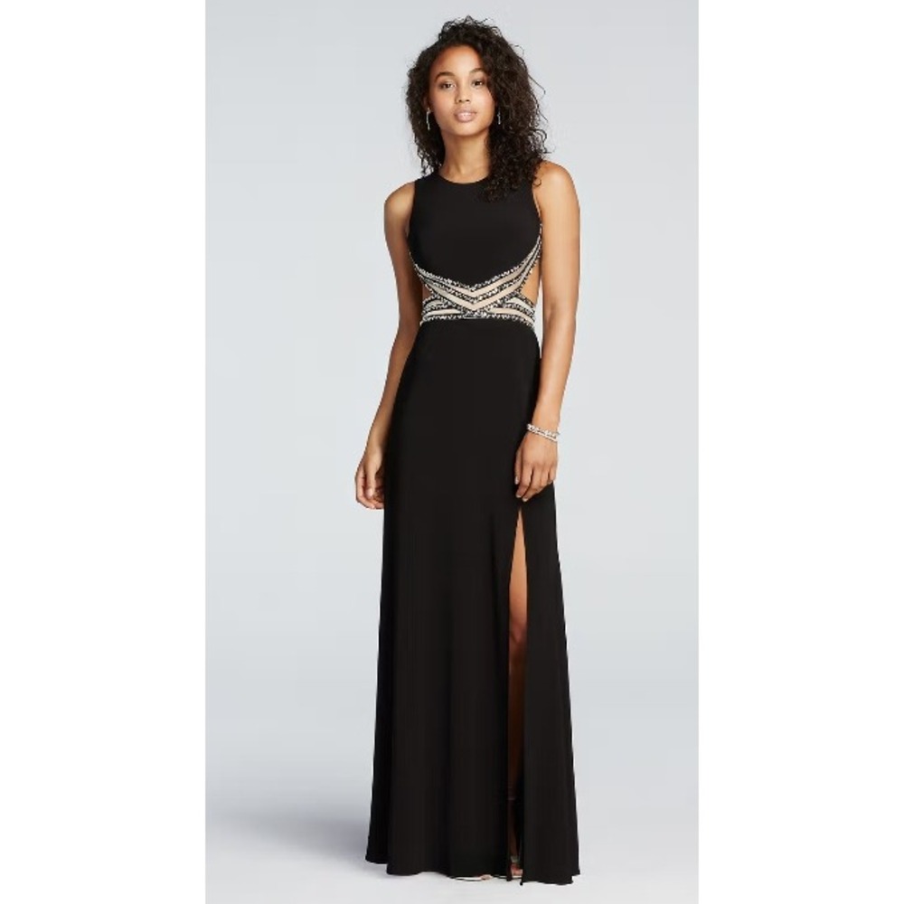 Blondie Nites by Stacy Sklar Black Rhinestone Mesh Cutout Open Back Prom Gown 3